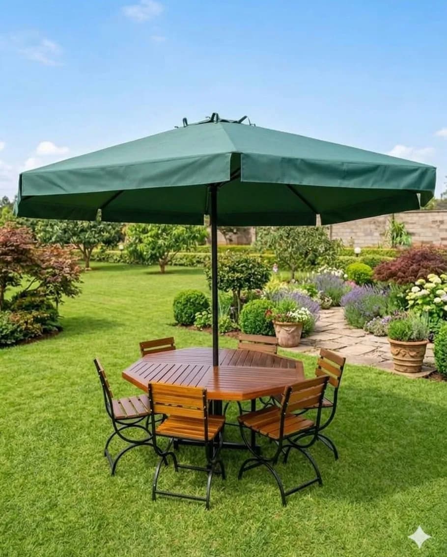 6 Seater Patio Umbrella Garden Set with Metallic Chairs