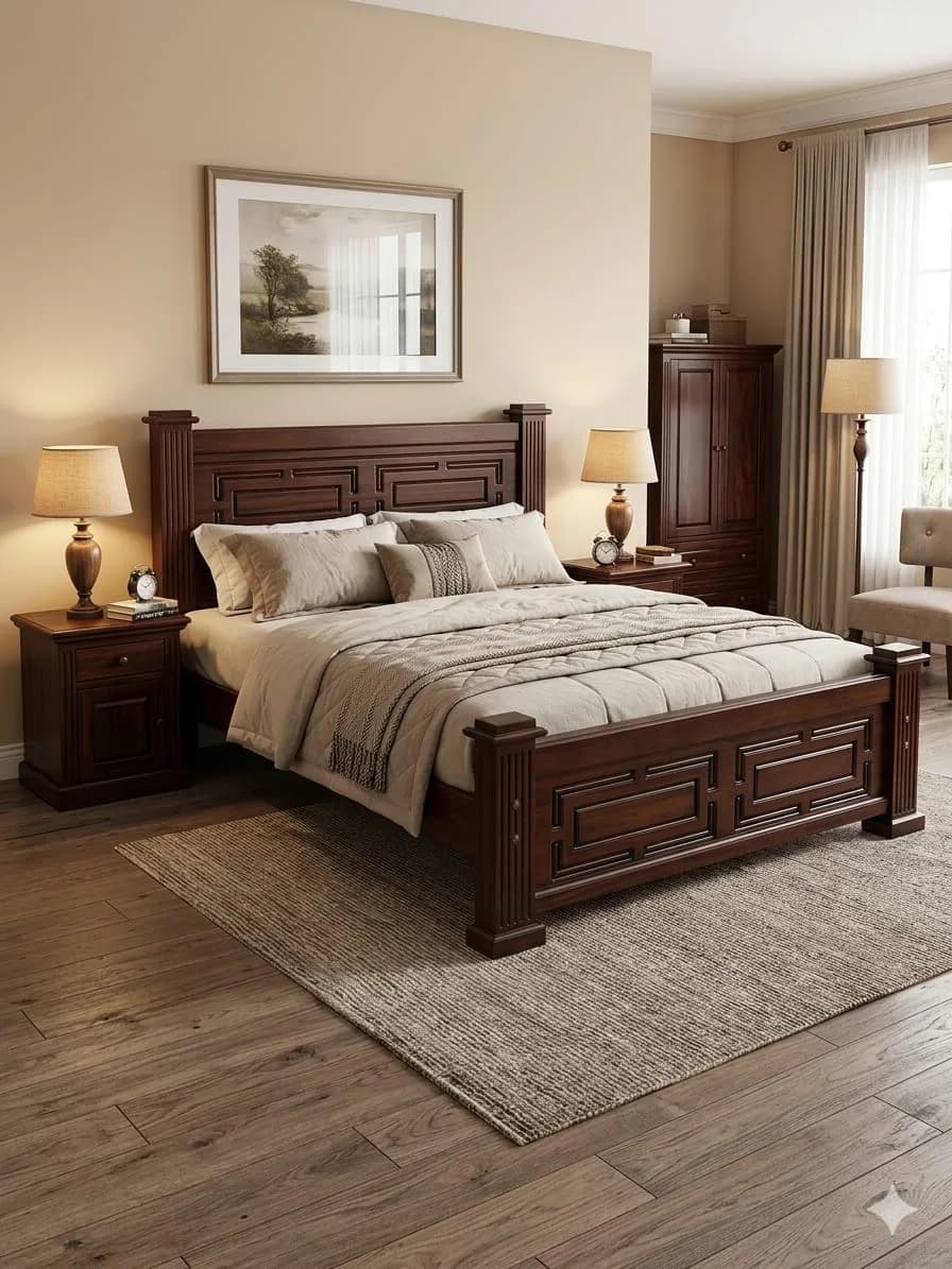 Dark Mahogany Bed with 2 Bedside Tables - 5*6