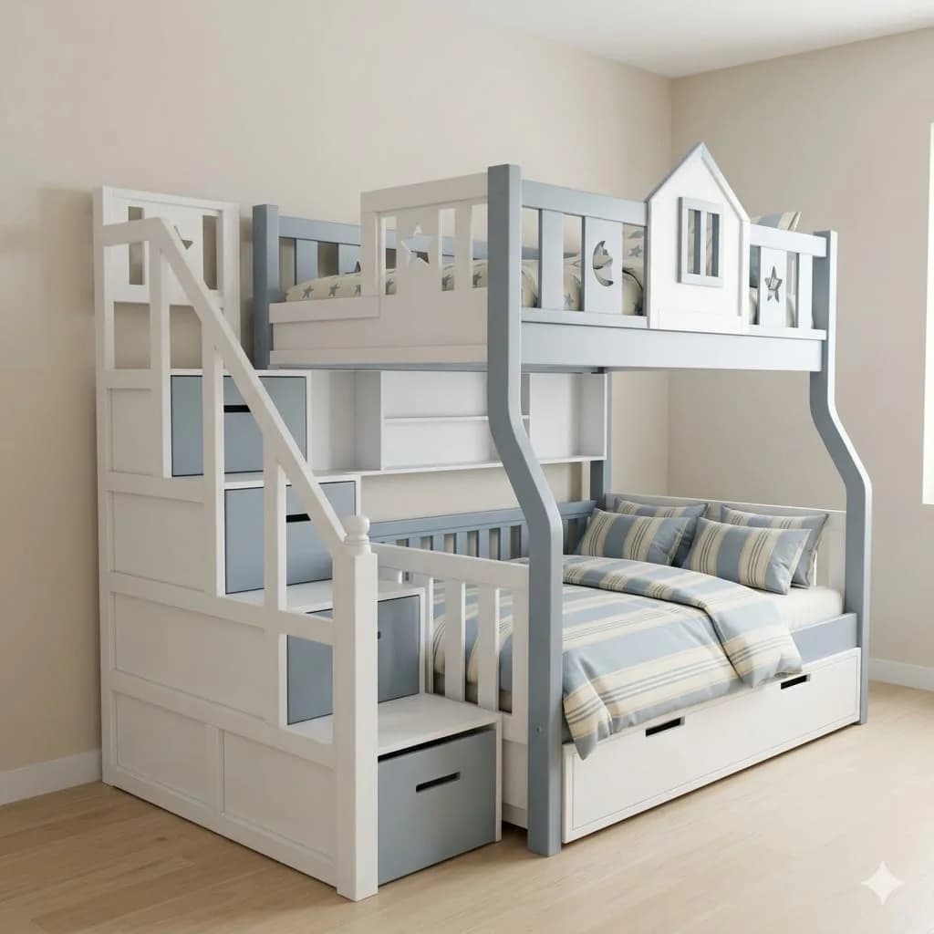 Sophisticated Multi-Colour Bunk Bed with Staircase, Drawers & Shelves