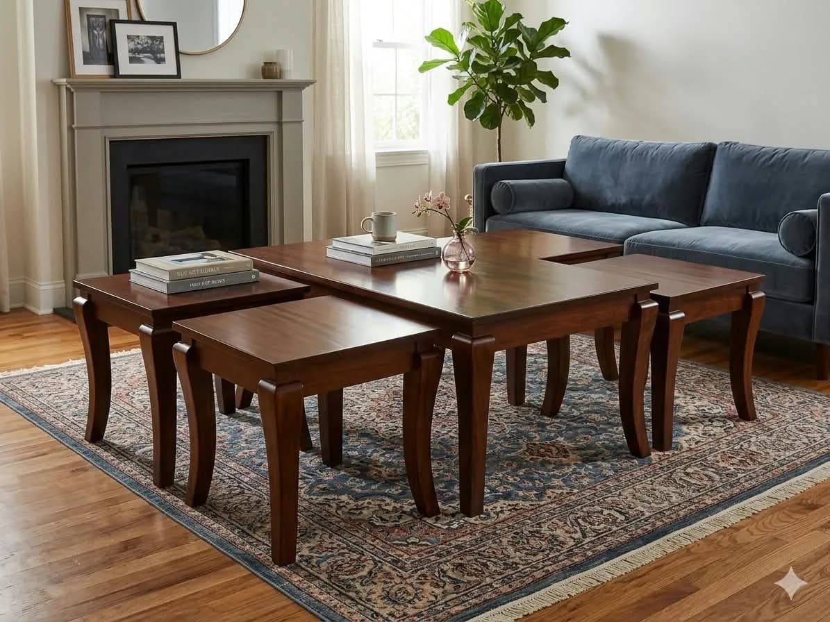 Modern Dark Mahogany Coffee Table with 4 Natural-Colour Stools and Antique Carving