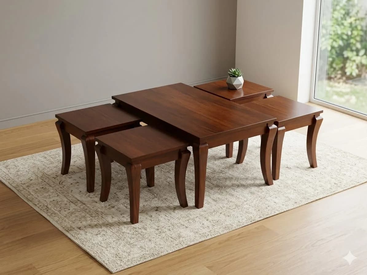 Modern Dark Mahogany Coffee Table with 4 Natural-Colour Stools and Antique Carving