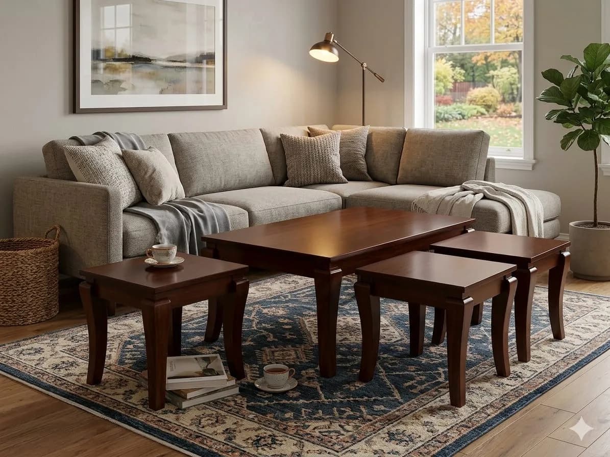 Modern Dark Mahogany Coffee Table with 4 Natural-Colour Stools and Antique Carving