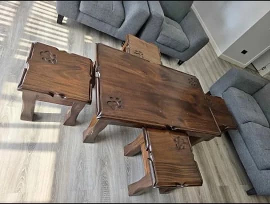 Chocolate Mahogany Antique Carved Coffee Table Set with 4 Stools