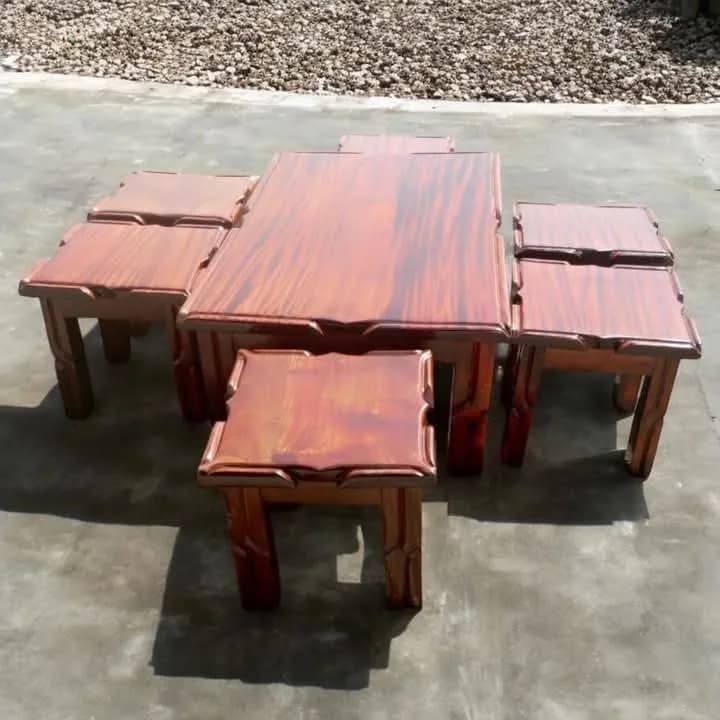 Dark Mahogany Antique Carved Coffee Table Set with 4 Stools