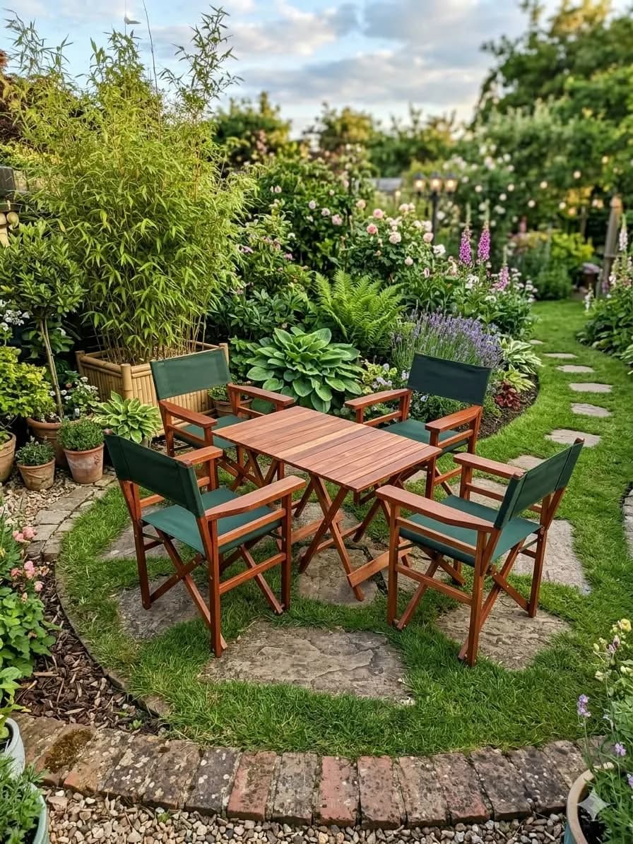 6-Piece Mahogany Foldable Outdoor Furniture Set – 4 Green Canvas Chairs & 2 Tables
