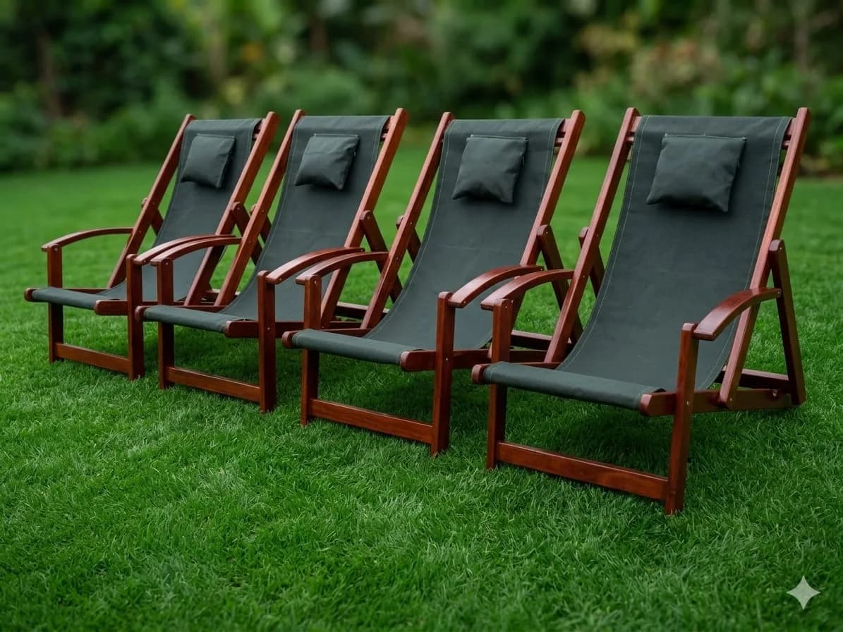 Mahogany Foldable Reclining Outdoor Chair with Green Canvas