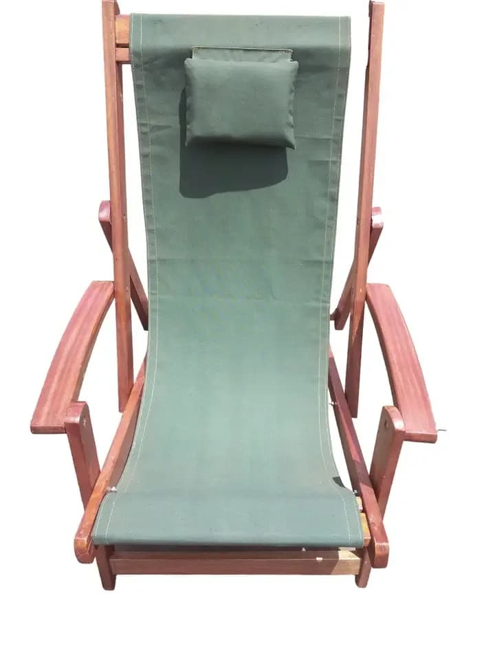 Mahogany Foldable and Adjustable Deck Chair in Green Canvas & Back Pillow suitable for outdoor, balcony, garden & swimming pool