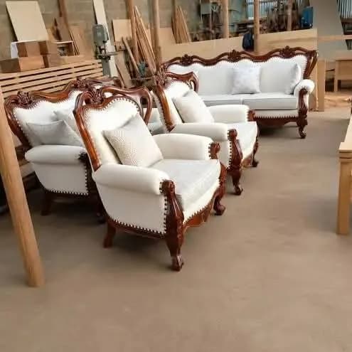 7-Seater Antique Sofa Set - Mahogany Wood Frame with High Density Cushions