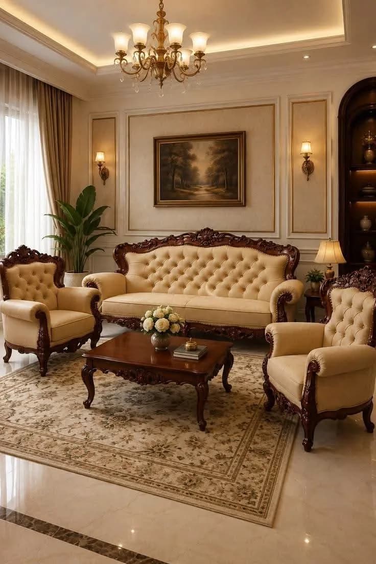 7-Seater Antique Sofa Set with Mahogany Wood Frame & Centre Table