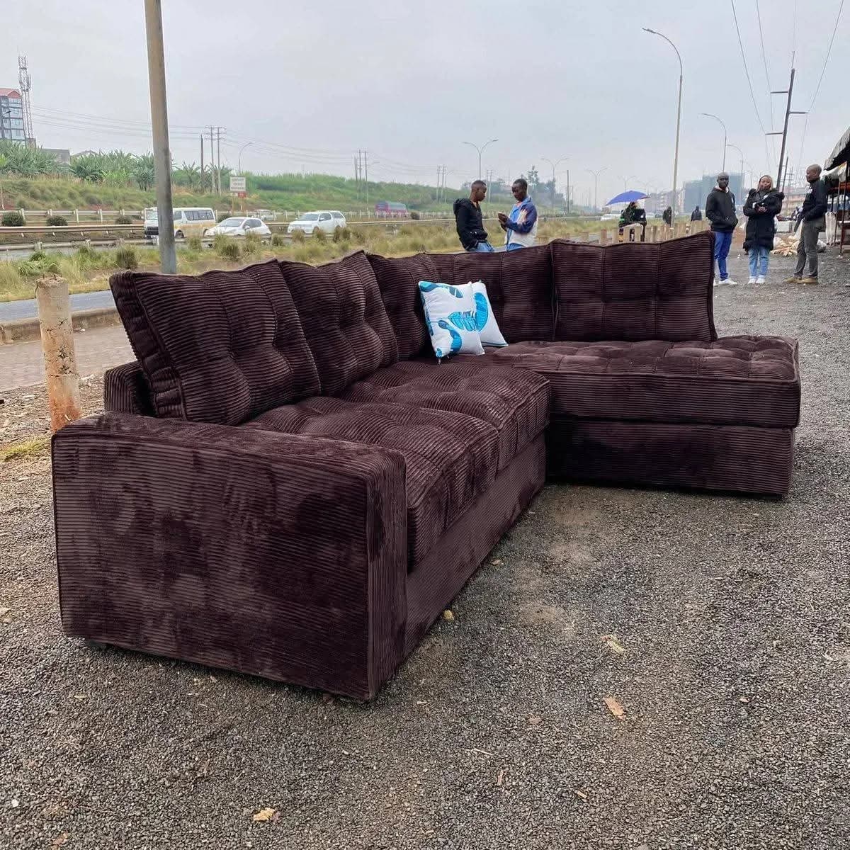 6-Seater L-Shape Sofa – Dark Brown Fabric with Mix & Match Pillows