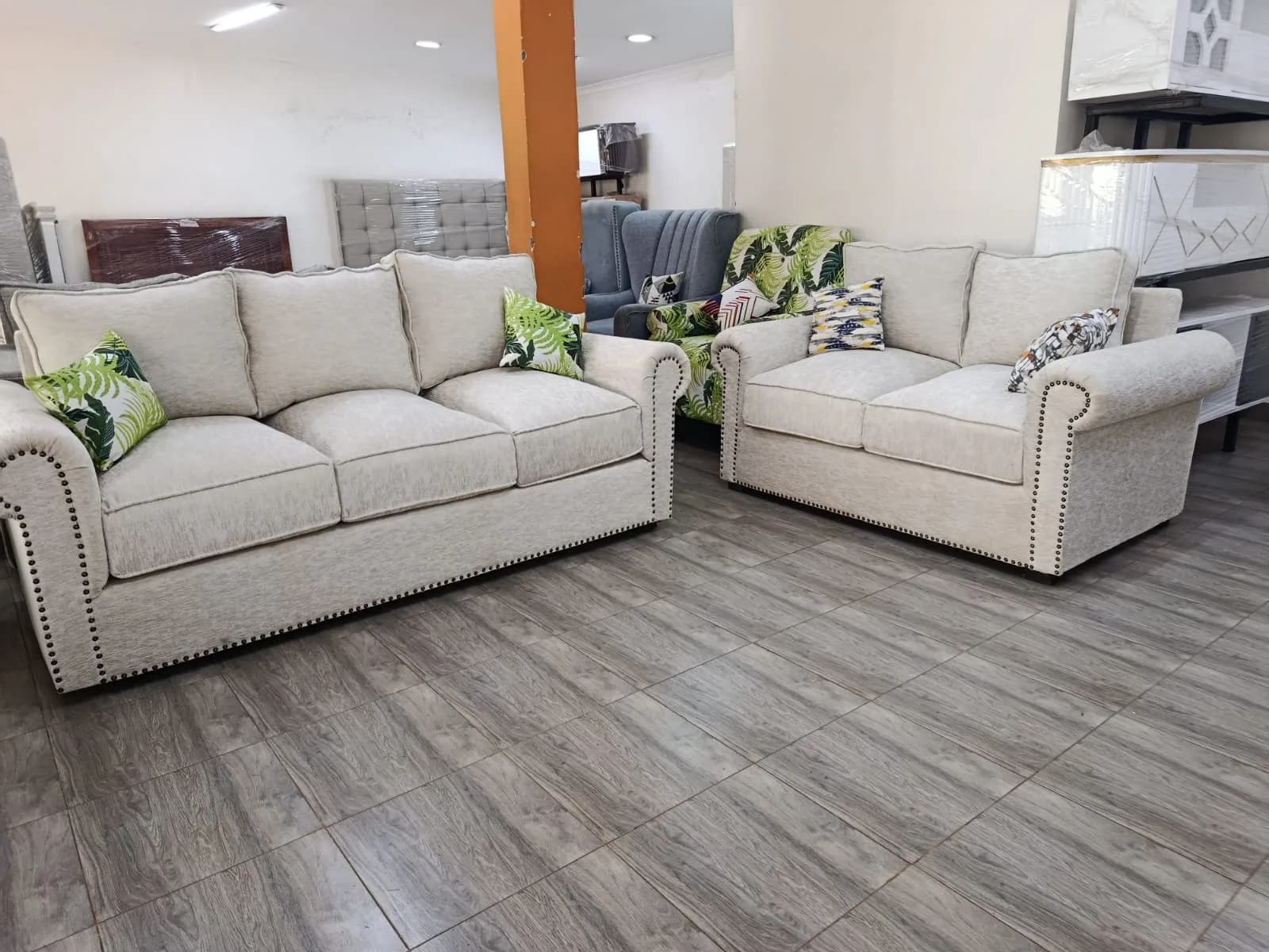 5-Seater Sofa Set - Cream Fabric with High-Density Cushions