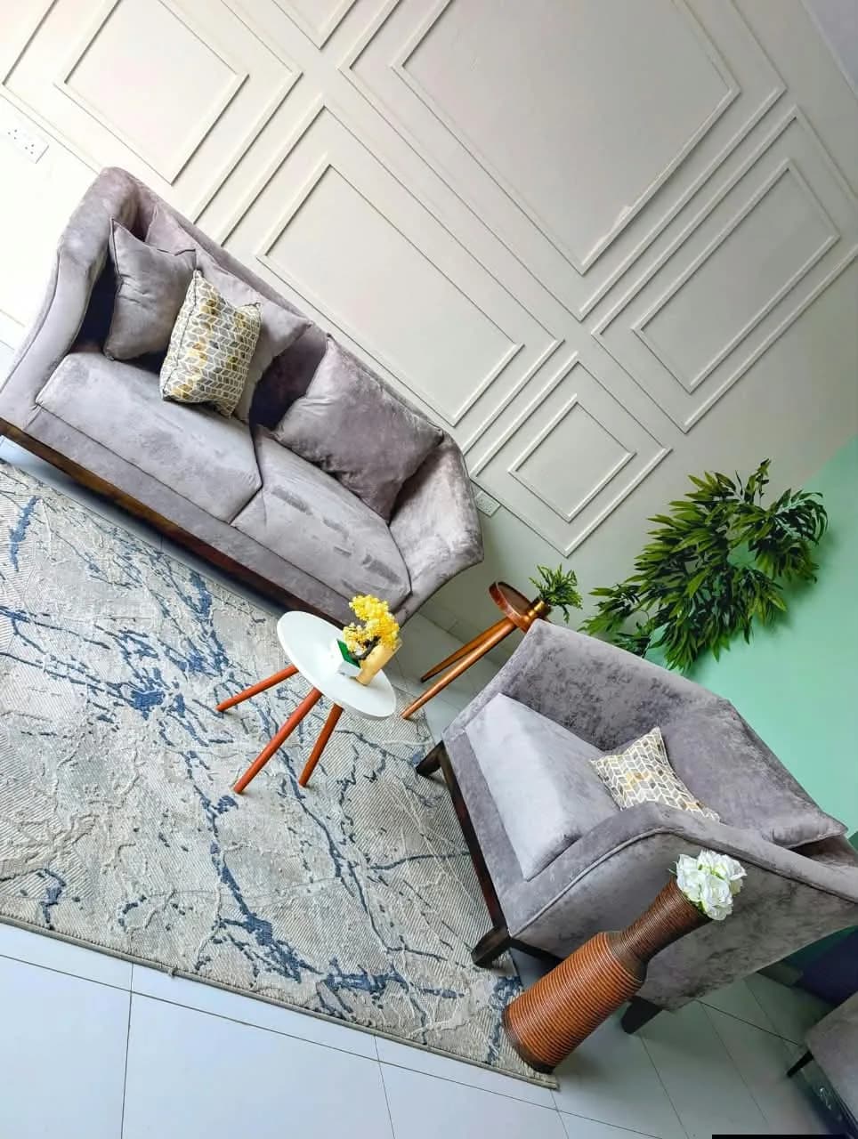 6-Seater Sofa Set - Grey Fabric with High Density Cushions & Mix & Match Pillows