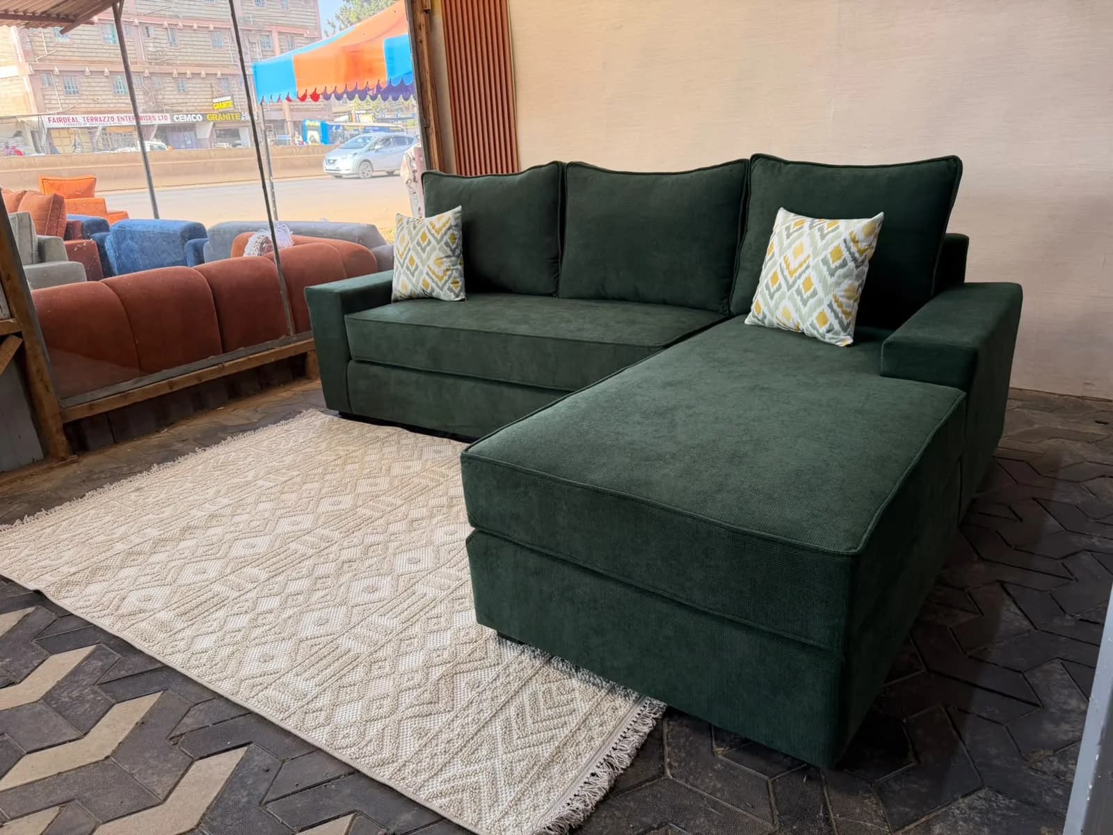6-Seater L-Shape Sofa – Dark Green Fabric with Mix & Match Pillows