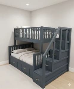 Modern Grey Bunk Bed with Staircase & Multiple Clothes Drawers