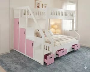 Modern Multi-Colour Bunk Bed with Staircase & Built-In Clothes Drawers