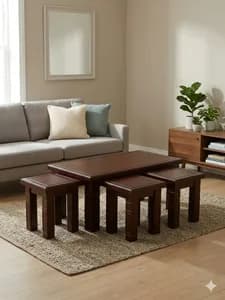 Light walnut coffee Table with 4 Stools