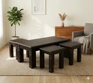 Dark Mahogany Antique Carved Coffee Table Set with 4 Stools