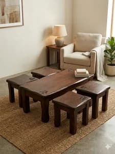 Solid Mahogany Coffee Table with 4 Dark Walnut Stools and Printed Tops