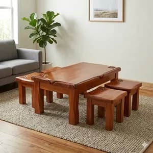 Solid Mahogany Coffee Table with 4 Stools – Antique Carving & Printed Tops