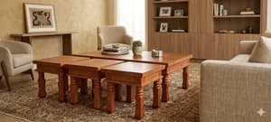 Solid Mahogany Coffee Table with 4 Natural-Colour Stools