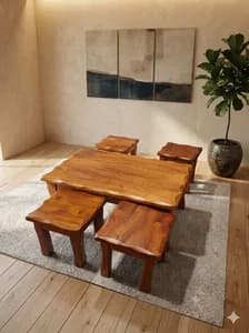 Natural Mahogany Antique Carved Coffee Table Set with 4 Stools