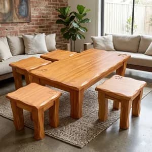 Solid Mahogany Coffee Table with 4 Natural-Colour Stools – Antique Carved Edges & Printed Tops