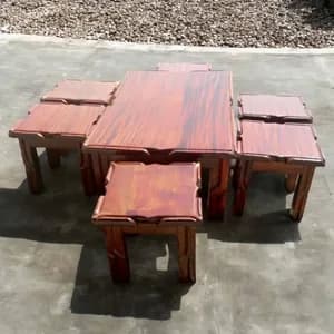 Dark Mahogany Antique Carved Coffee Table Set with 4 Stools