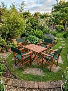 6-Piece Mahogany Foldable Outdoor Furniture Set – 4 Green Canvas Chairs & 2 Tables