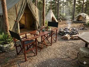 Mahogany Foldable Picnic & Camping Set with 2 Green Canvas Chairs and Table