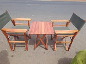 Mahogany Outdoor Foldable Set – 2 Green Canvas Camp Chairs with Centre Table