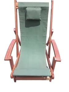 Mahogany Foldable and Adjustable Deck Chair in Green Canvas & Back Pillow suitable for outdoor, balcony, garden & swimming pool