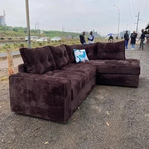 6-Seater L-Shape Sofa – Dark Brown Fabric with Mix & Match Pillows