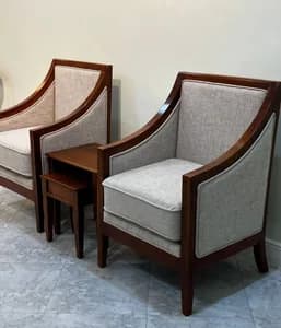 Premium Wing Chairs Grey in Color Fabric and Some Mahogany Touches