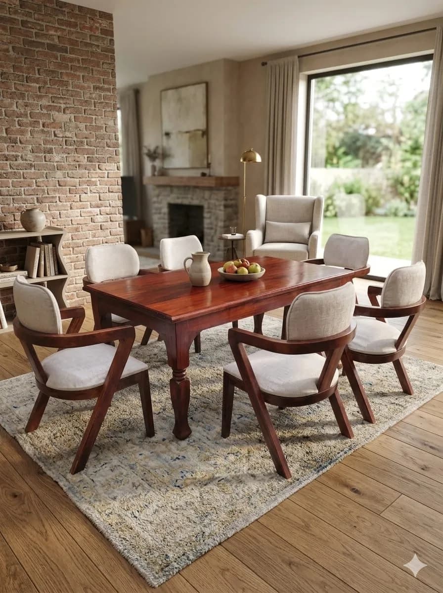 6-Seater Dark Mahogany Rectangular Solid Mahogany Dining Table with Honey Chairs