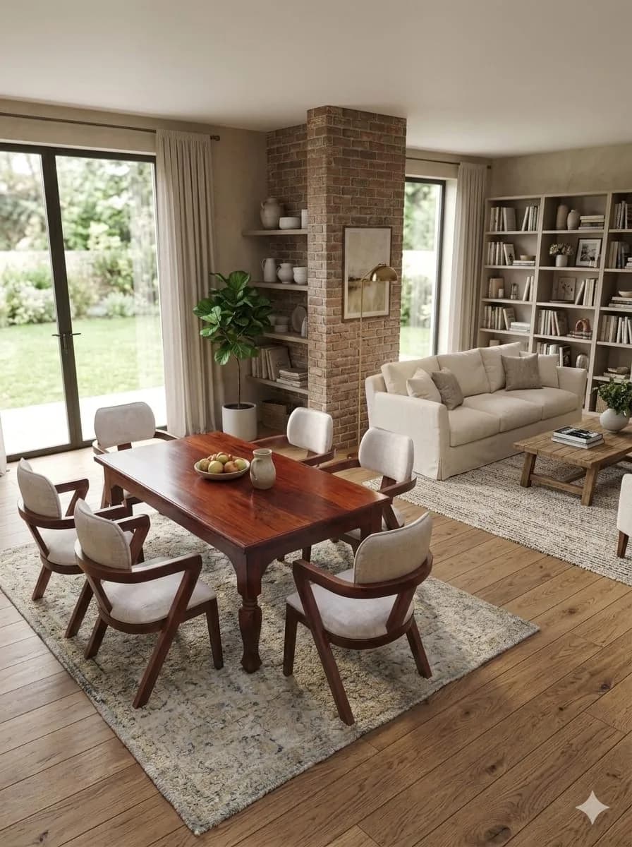 6-Seater Dark Mahogany Rectangular Solid Mahogany Dining Table with Honey Chairs