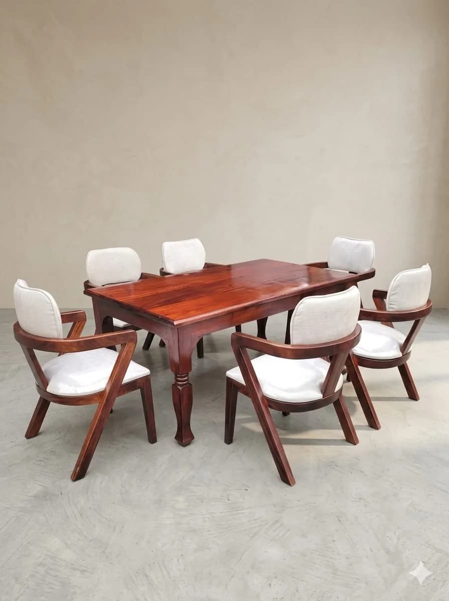 6-Seater Dark Mahogany Rectangular Solid Mahogany Dining Table with Honey Chairs