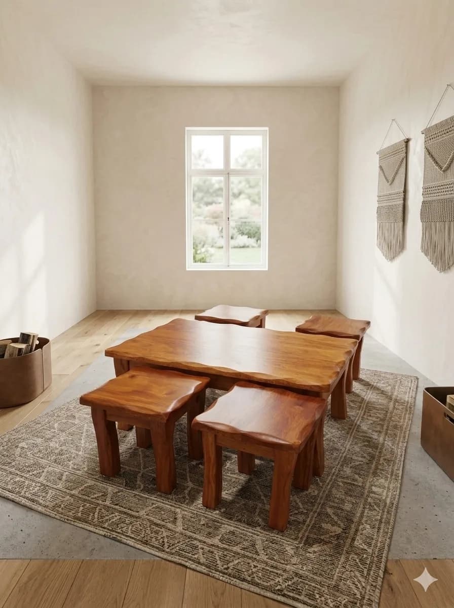 Natural Mahogany Antique Carved Coffee Table Set with 4 Stools