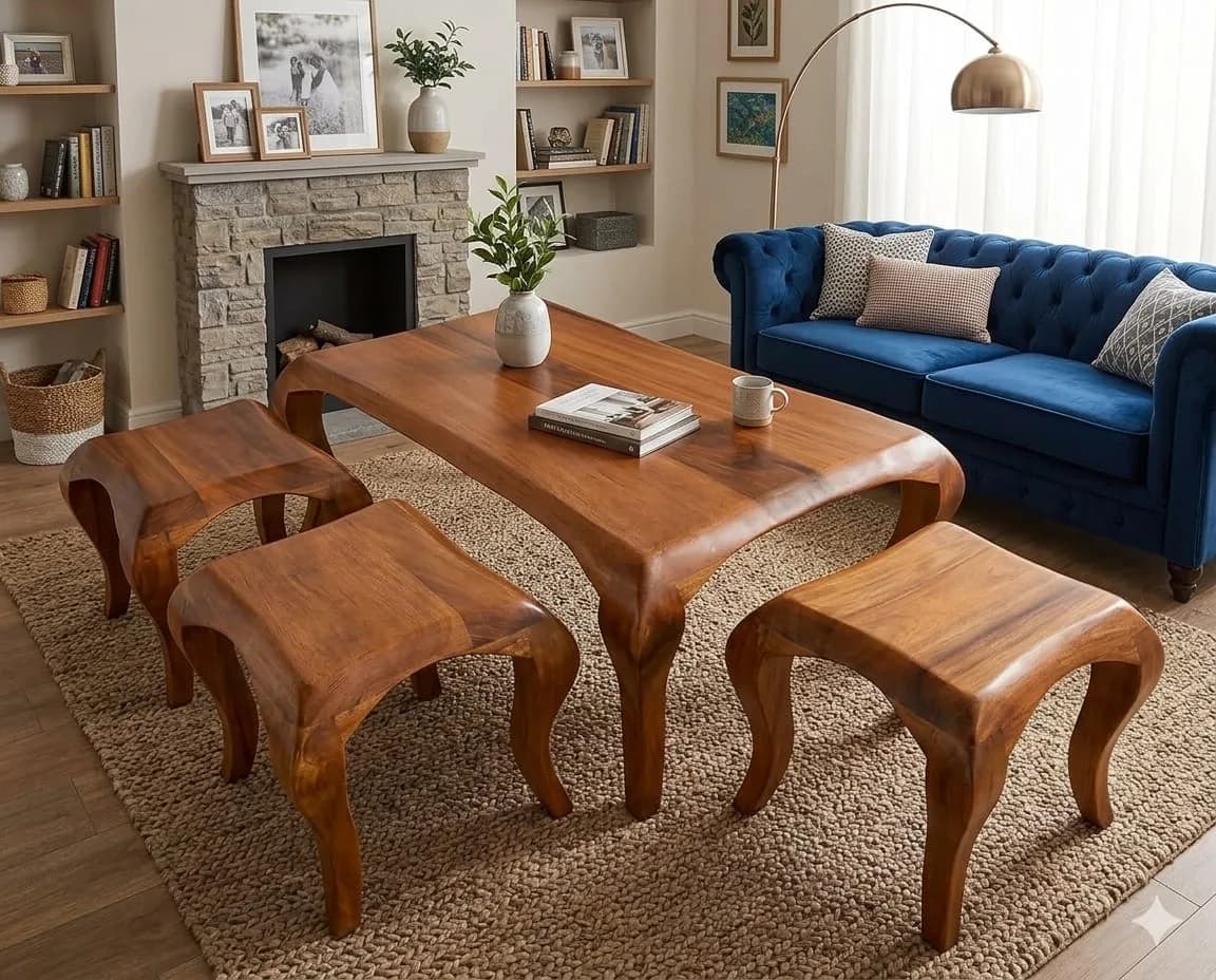 Sophisticated Solid Mahogany Coffee Table with 4 Natural-Colour Stools