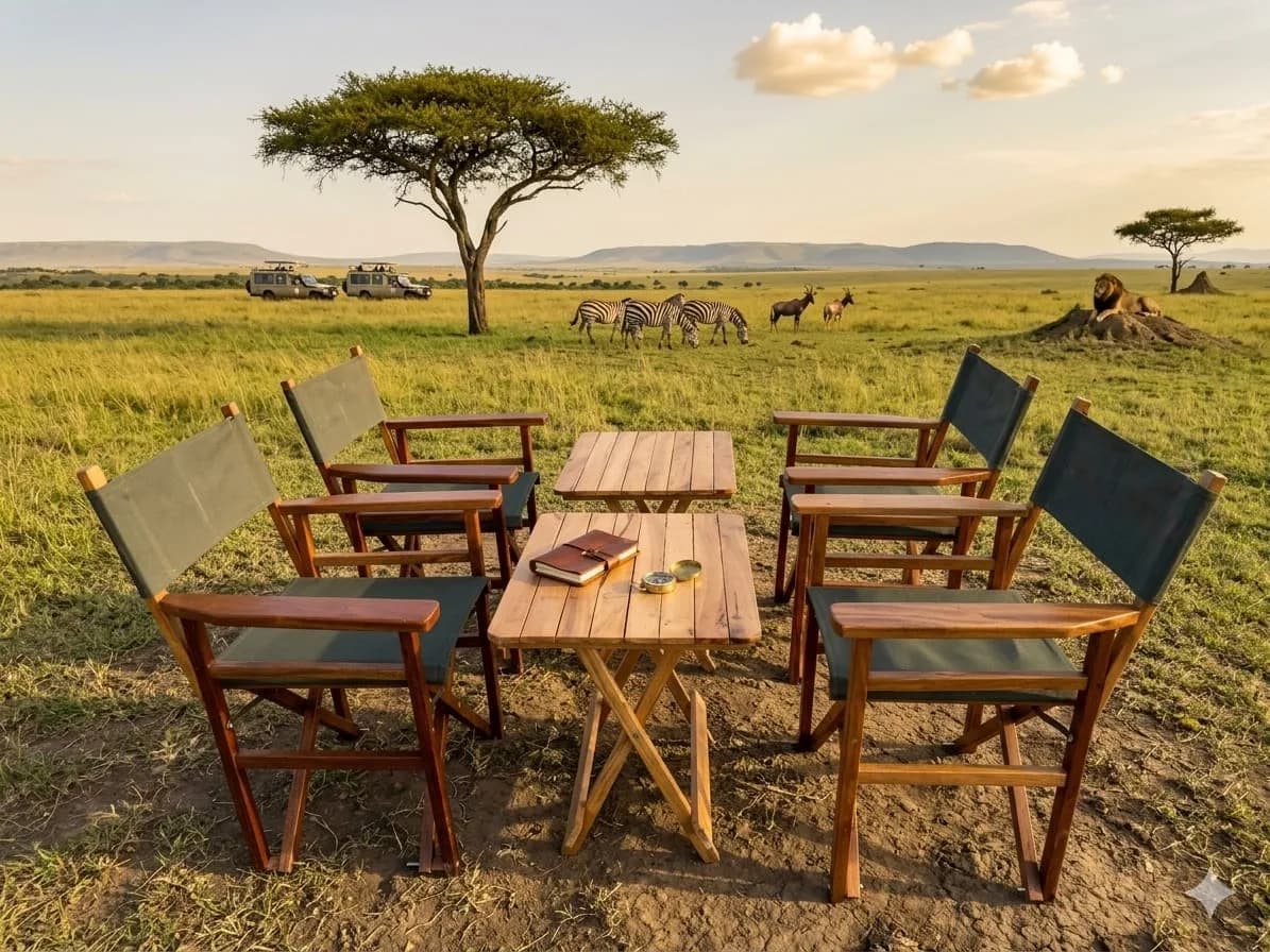 Mahogany Outdoor Foldable Set – 4 Green Canvas Camp Chairs with 2 Centre Tables