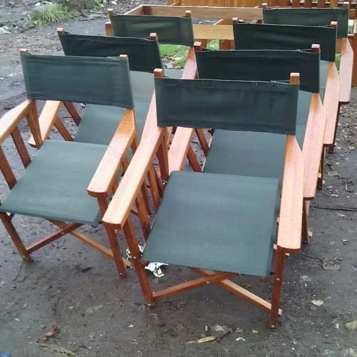 Set of 6 Mahogany Foldable Camp Chairs with Green Canvas
