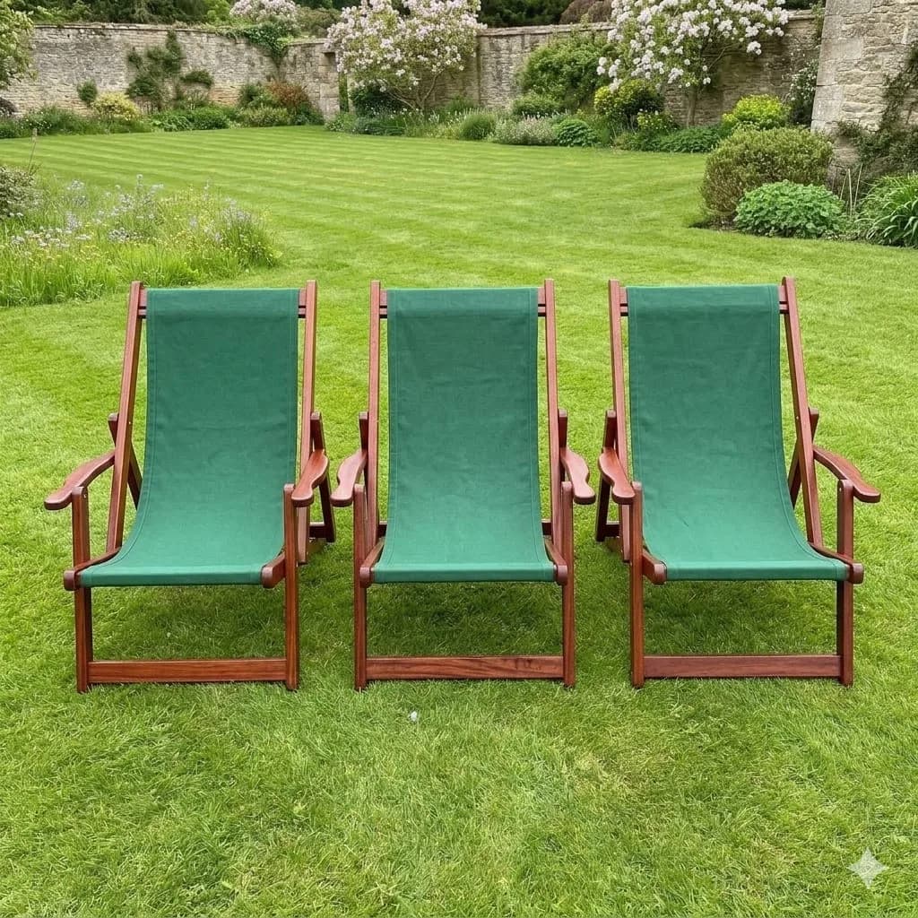 Mahogany foldable and adjustable Deck chairs in green canvas and back pillows - suitable outdoor, Balcony, Garden, and Swimming Pool. Was 8k now 7k each