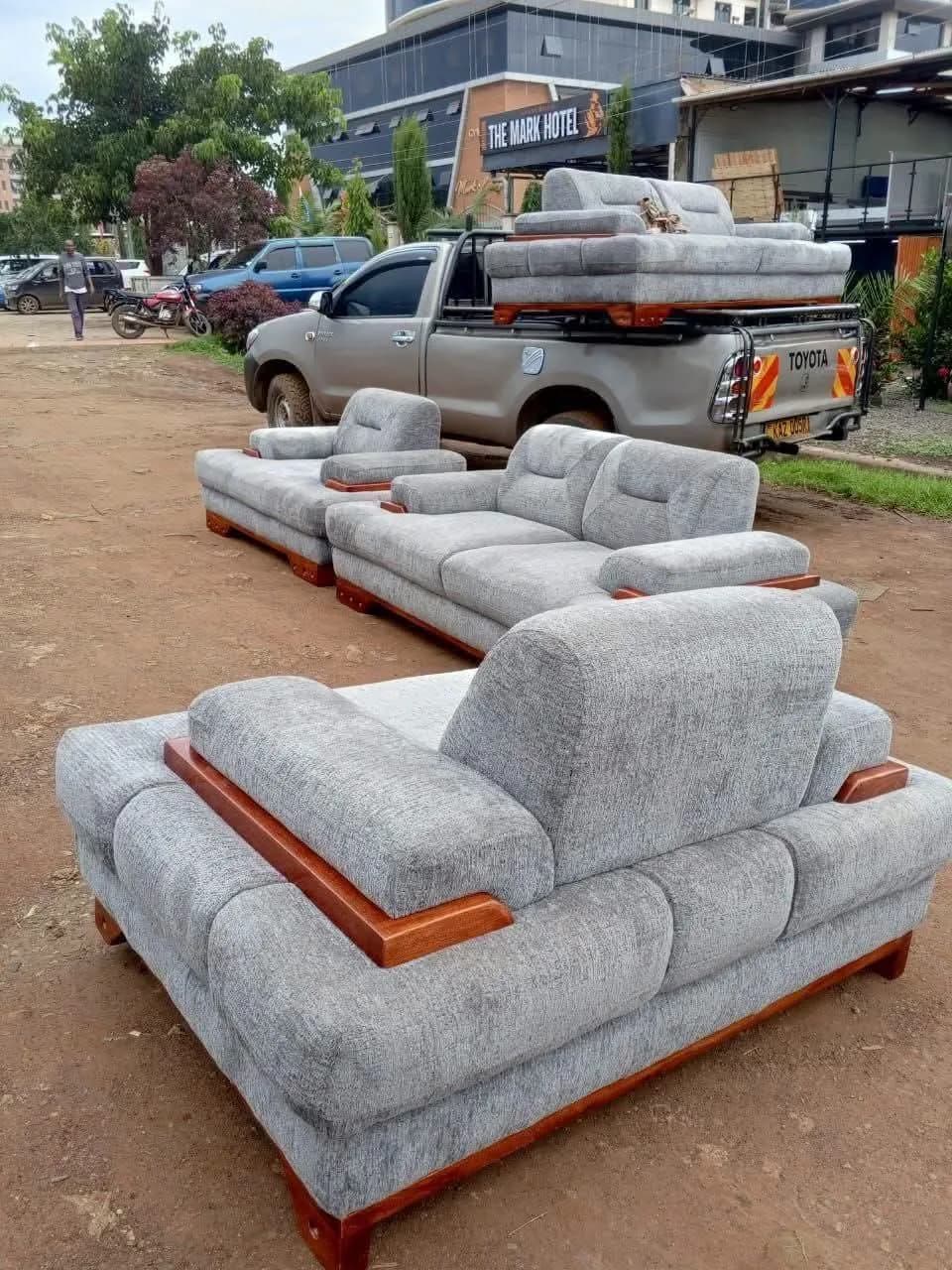 6-Seater Sofa - Grey Fabric with Mahogany Wood Touches