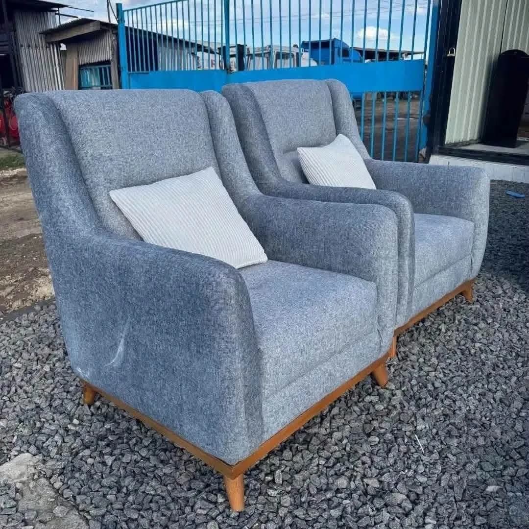 Wing Chairs Grey in Color Fabric and Some Mahogany Touches