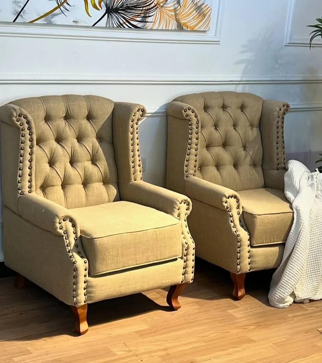 Wing Chairs in Jungle Green Fabric