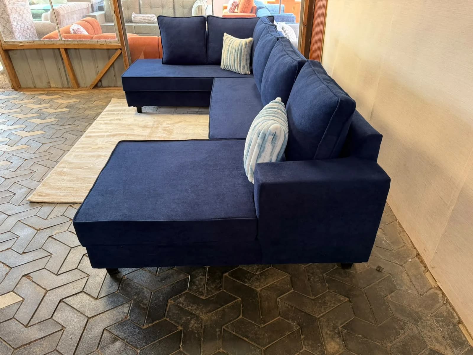 6-Seater U-Shape Sofa - Dark Blue Fabric with Mix & Match Pillows